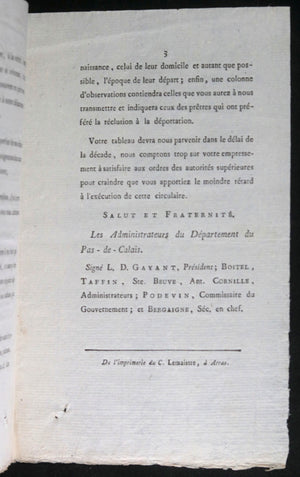 1800 Arras circulaire département Pas-de Calais liste prêtres déportés