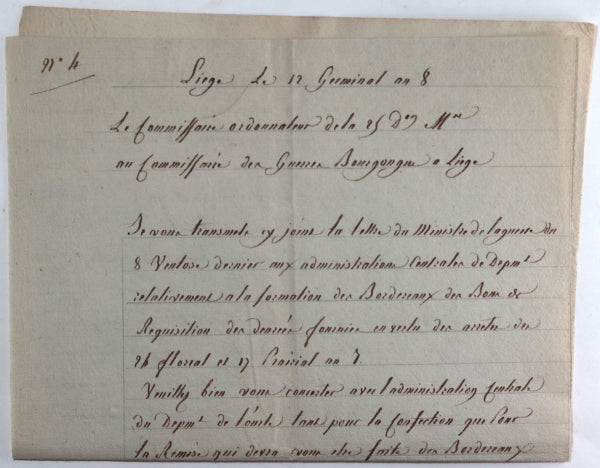 1800 Liège lettres au Commissaire des Guerres Bourgongne sur denrées