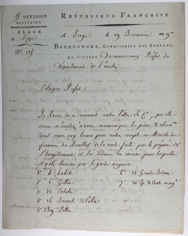 1800 Liege, commissaire des guerres, objets réservés par garde magasin