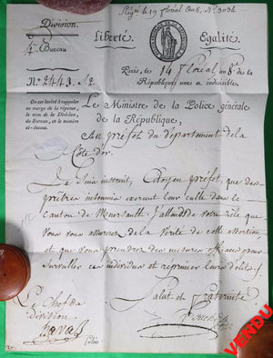 1800 lettre Ministre Police au Préfet Dept. Côte-d'Or sur prêtres