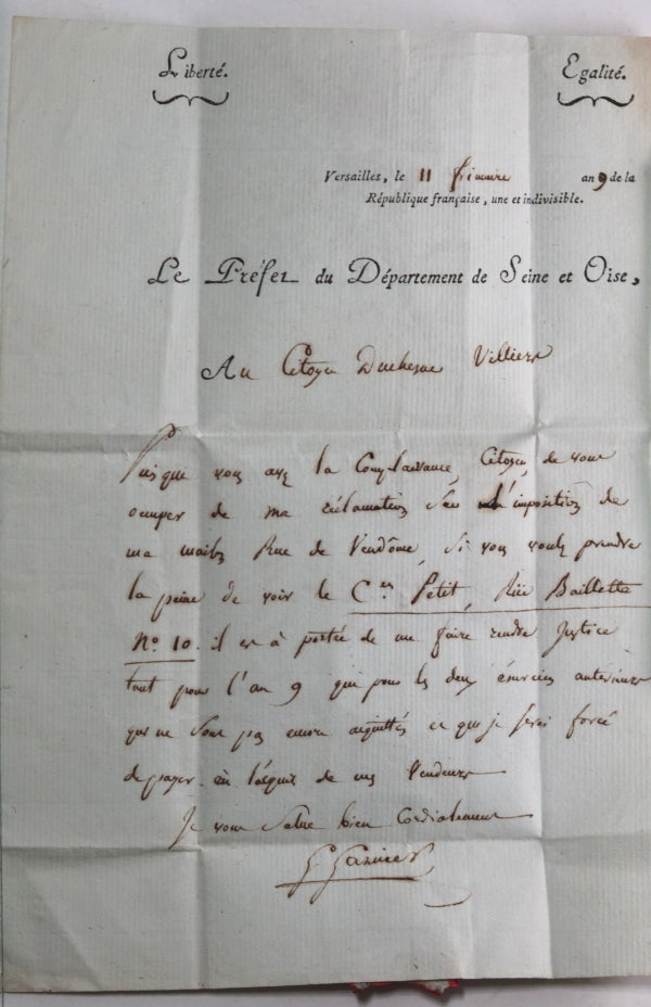 1800 lettre Germain marquis Garnier à l’architecte Duchesne-Villiers