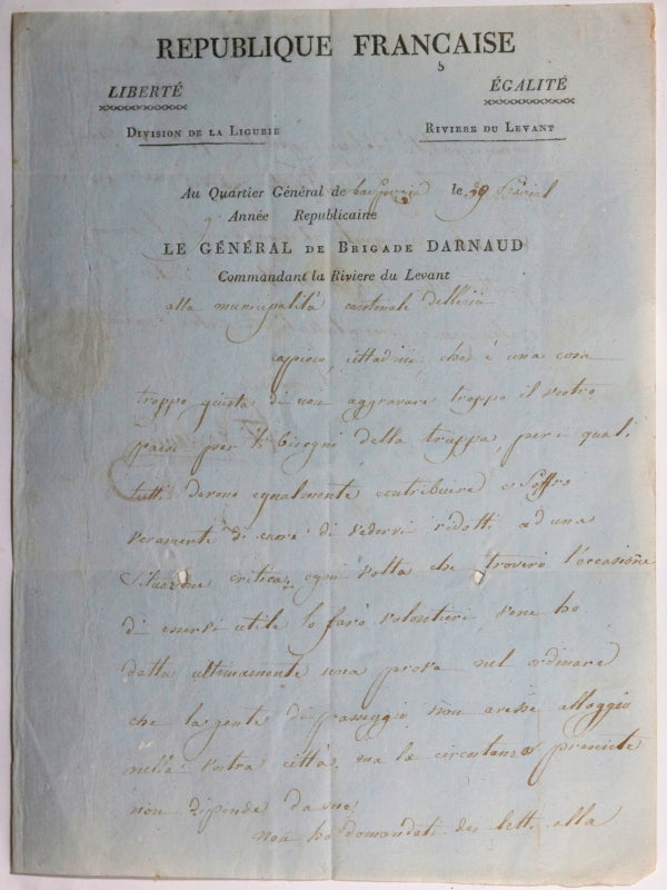 1801 Italie lettre General Jacques Darnaud Division de la Ligurie