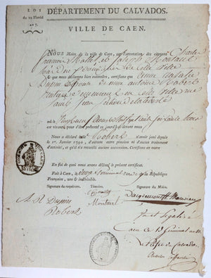 1802 Caen certificat de vie, signé par préfet Charles Caffarelli