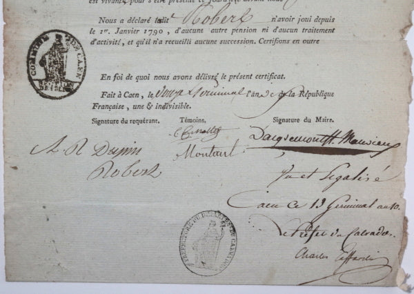 1802 Caen certificat de vie, signé par préfet Charles Caffarelli