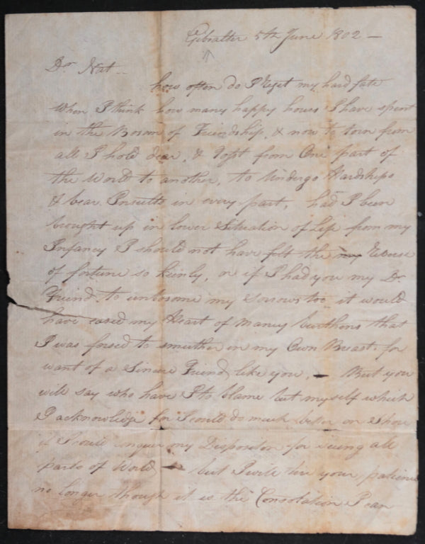 1802 Gibraltar letter American sailor (USS Essex?) to RI, Barbary War