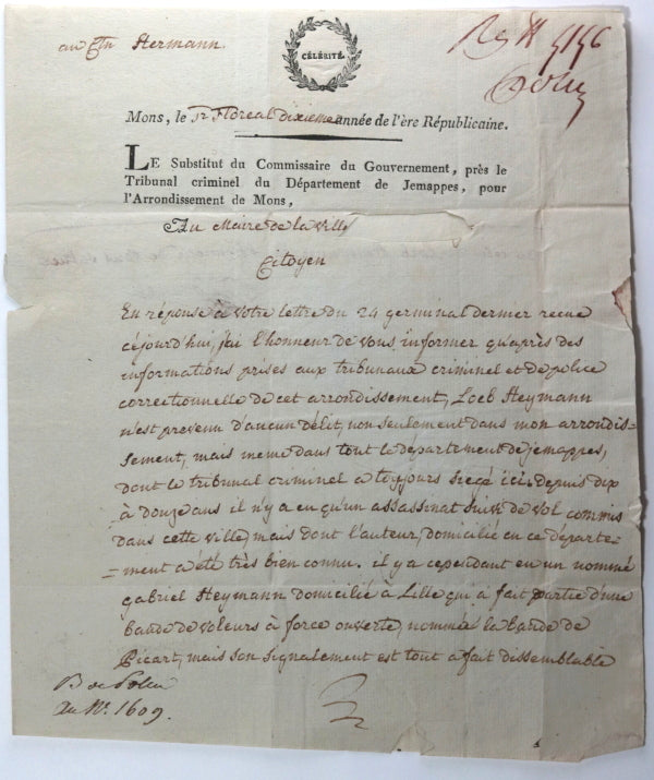 1802 lettre Mons sur recherche le criminel Loeb Heymann
