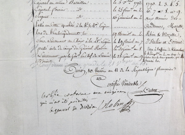 1803 état des services Militaires de Dubost, aide de camp General Robin