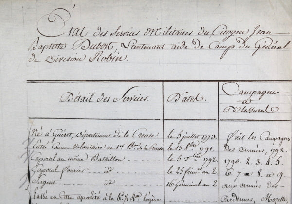1803 état des services Militaires de Dubost, aide de camp General Robin