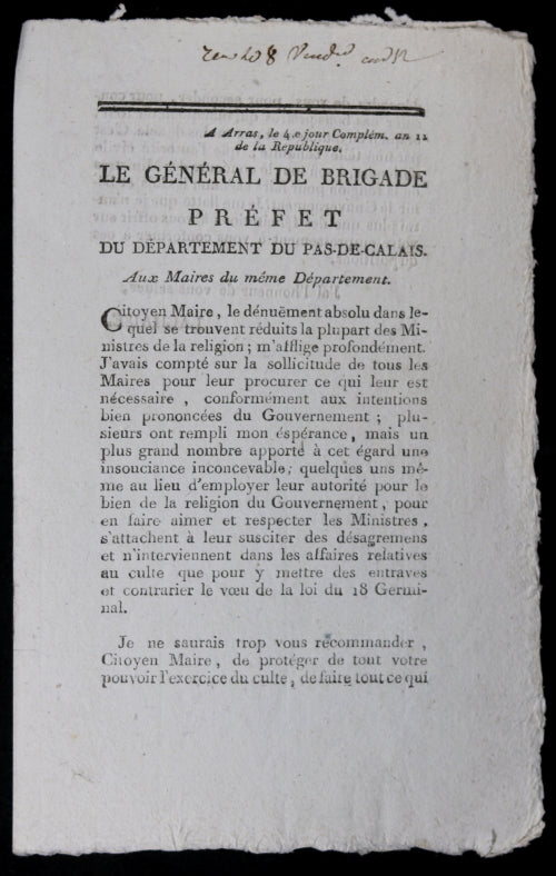 1803 pamphlet Préfet du Pas de Calais, dénuement absolu des Prêtes