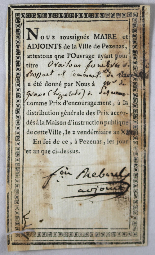 1804 attestation prix d’encouragement étudiant à Pézenas (Hérault)