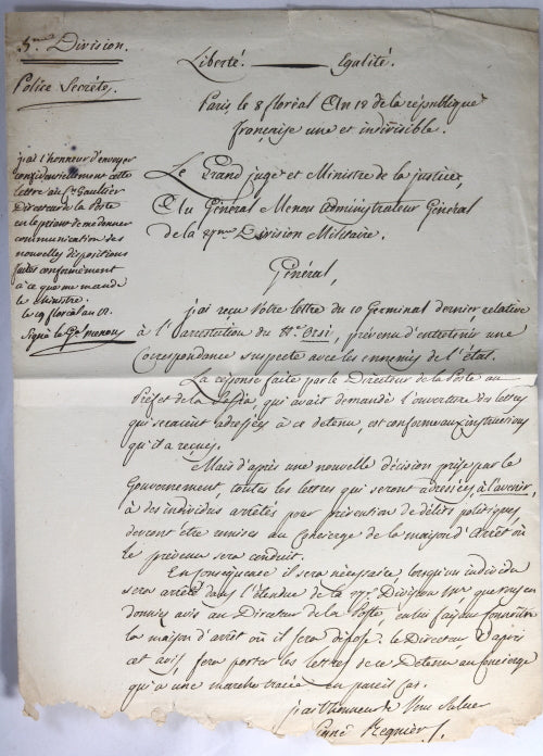 1804 lettre Ministre de la Justice Regnier au General Menou - prisonniers
