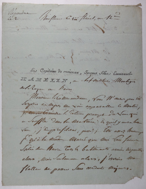 1804 lettre #1 Cpt. de Vaisseau Hamelin personnel