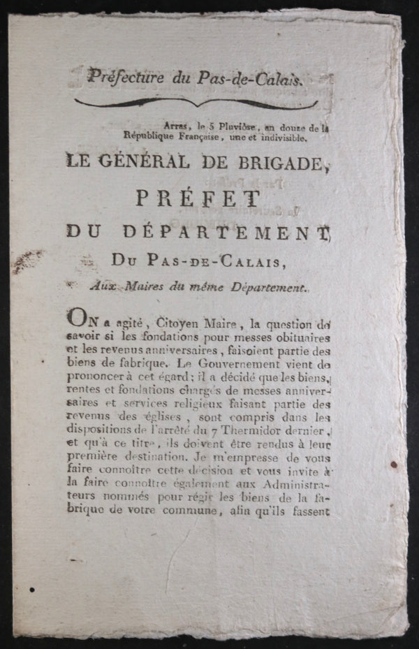 1805 Lachaise préfet Pas-de-Calais messes anniversaires et services