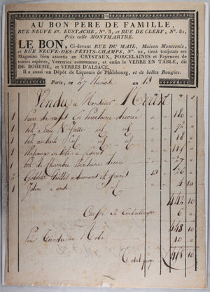 1805 Paris facture de ‘Au Bon Père de Famille', marchand porcelaines