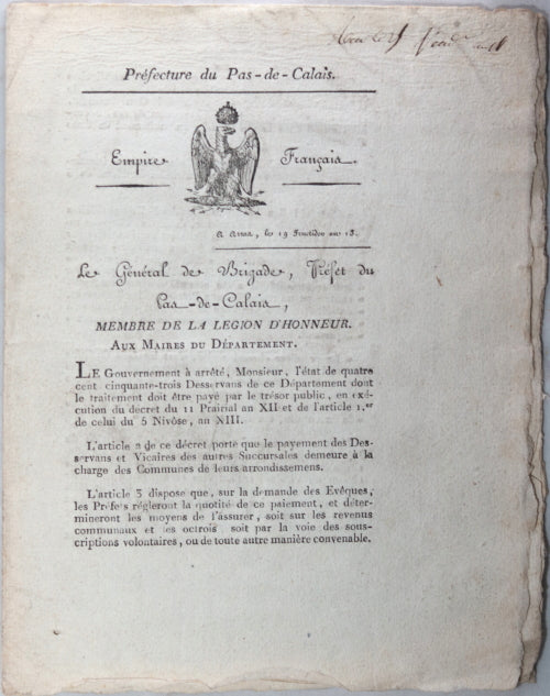1805 circulaire du Préfet Pas-de-Calais, paiement prêtres et vicaires
