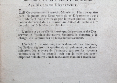 1805 circulaire du Préfet Pas-de-Calais, paiement prêtres et vicaires