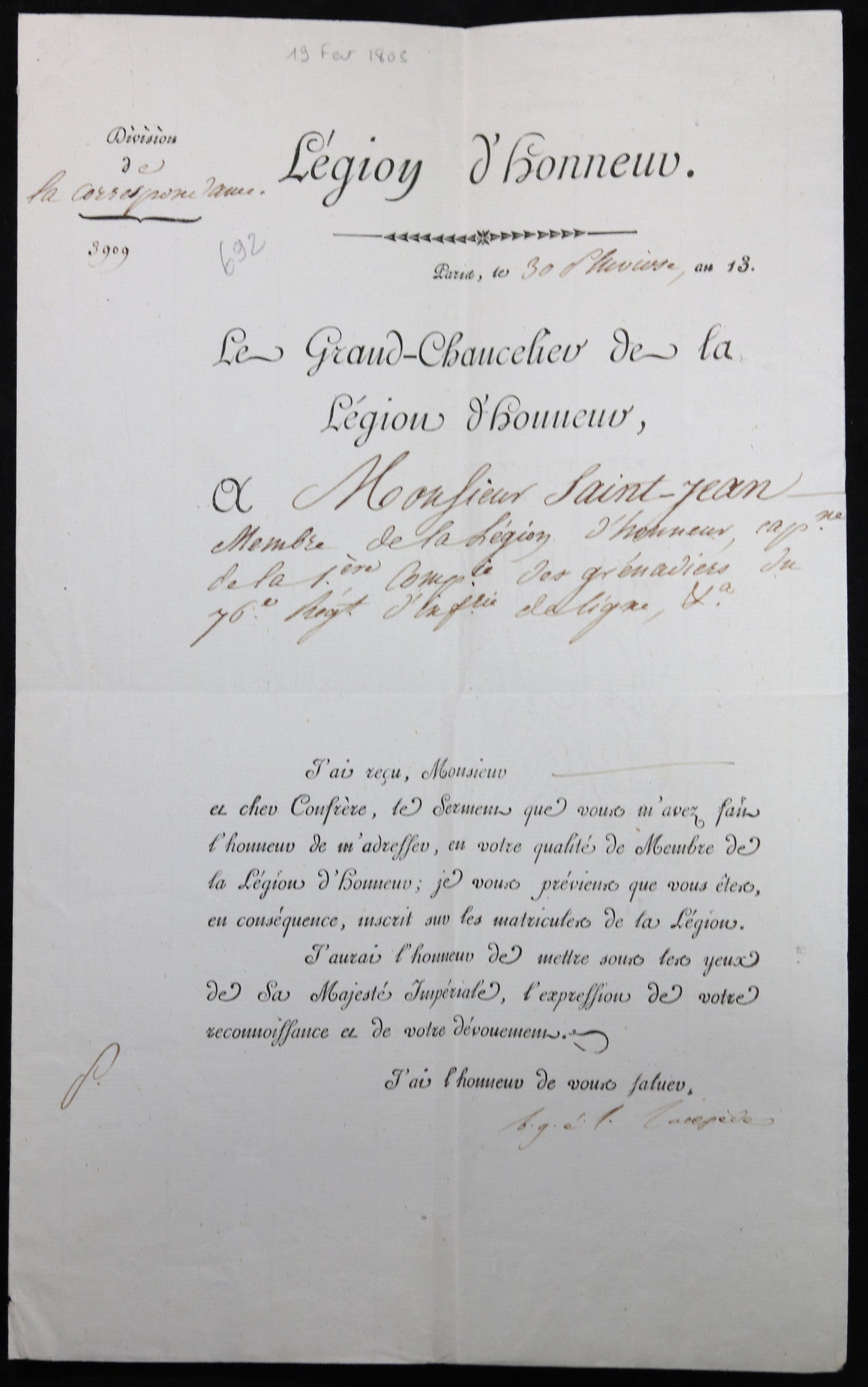 1805 lettre du Comte de Lacépède, réception du serment Légion Honneur