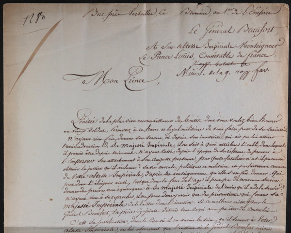 1805 lettre Général Beaufort au Prince Louis Napoléon, frère Empereur