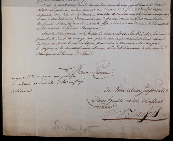 1805 lettre Général Beaufort au Prince Louis Napoléon, frère Empereur