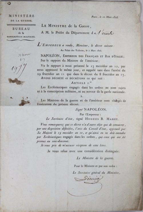 1806 circulaire sur Ecclésiastiques, Denniée (Ministère de la Guerre)