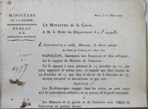 1806 circulaire sur Ecclésiastiques, Denniée (Ministère de la Guerre)