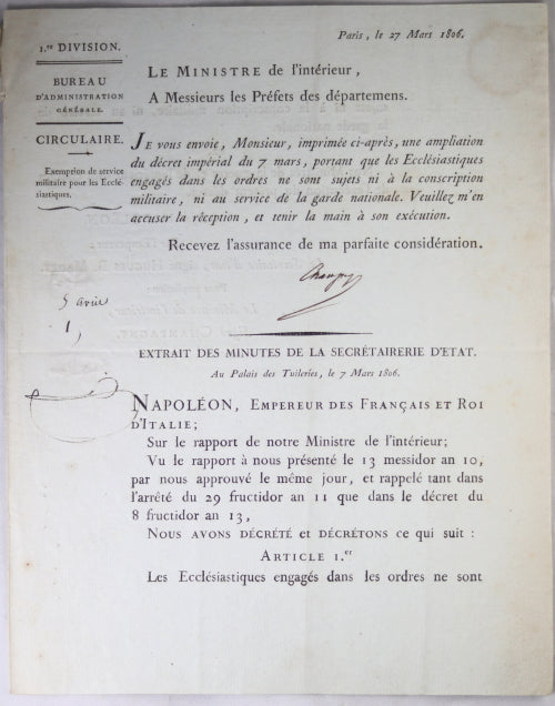 1806 circulaire sur Ecclésiastiques, signée Champigny (Ministre)