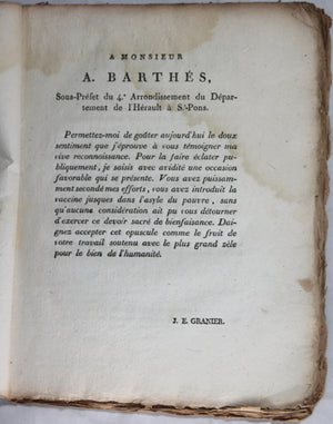 1806 pamphlet ‘Mémoire sur la Vaccine' Montpellier (France)