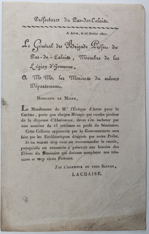 1807 Arras circulaire Préfet, dispense d’abstinence durant Carême