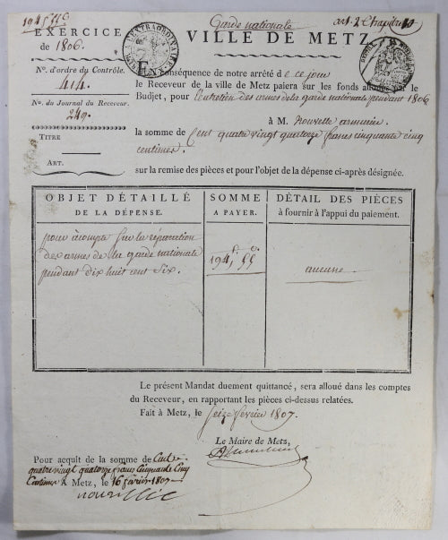 1807 Empire paiement Ville de Metz entretien armes Garde Nationale