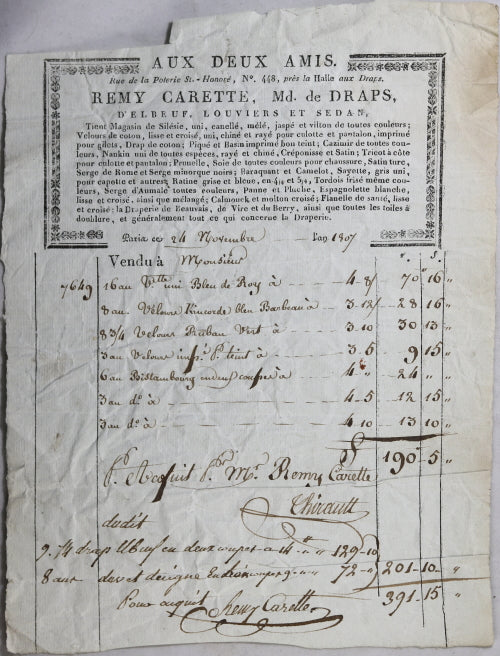 1807 Paris, facture de ‘Aux Deux-Amis’ marchand de draps