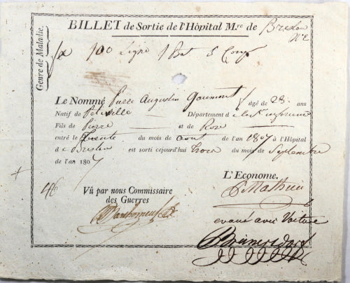 1807 billet de sortie Hôpital de Breslau, soldat 100e régiment de ligne