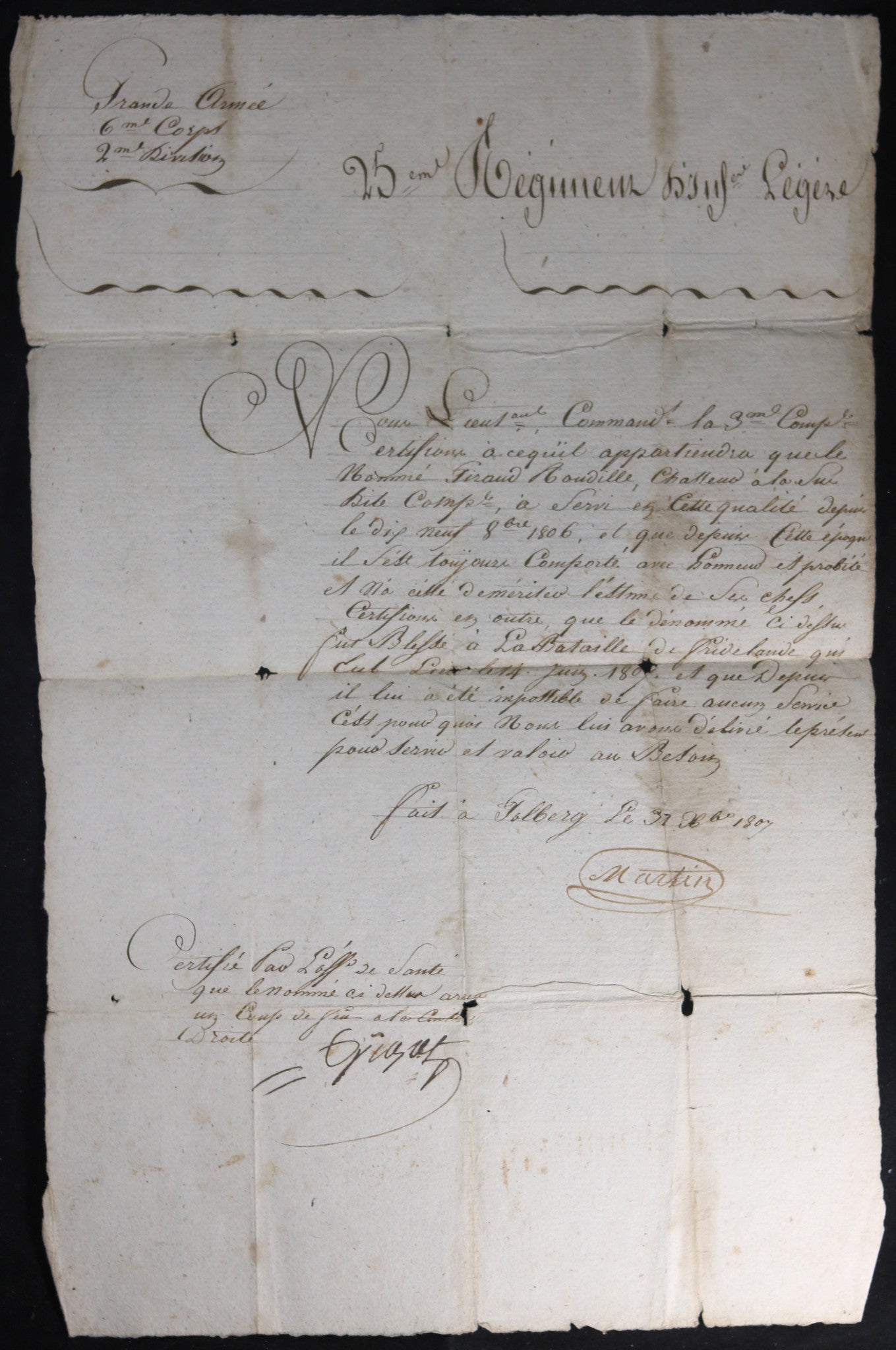 1807 chasseur 25e Regt Inf. blessé à Friedland, certificat de présence