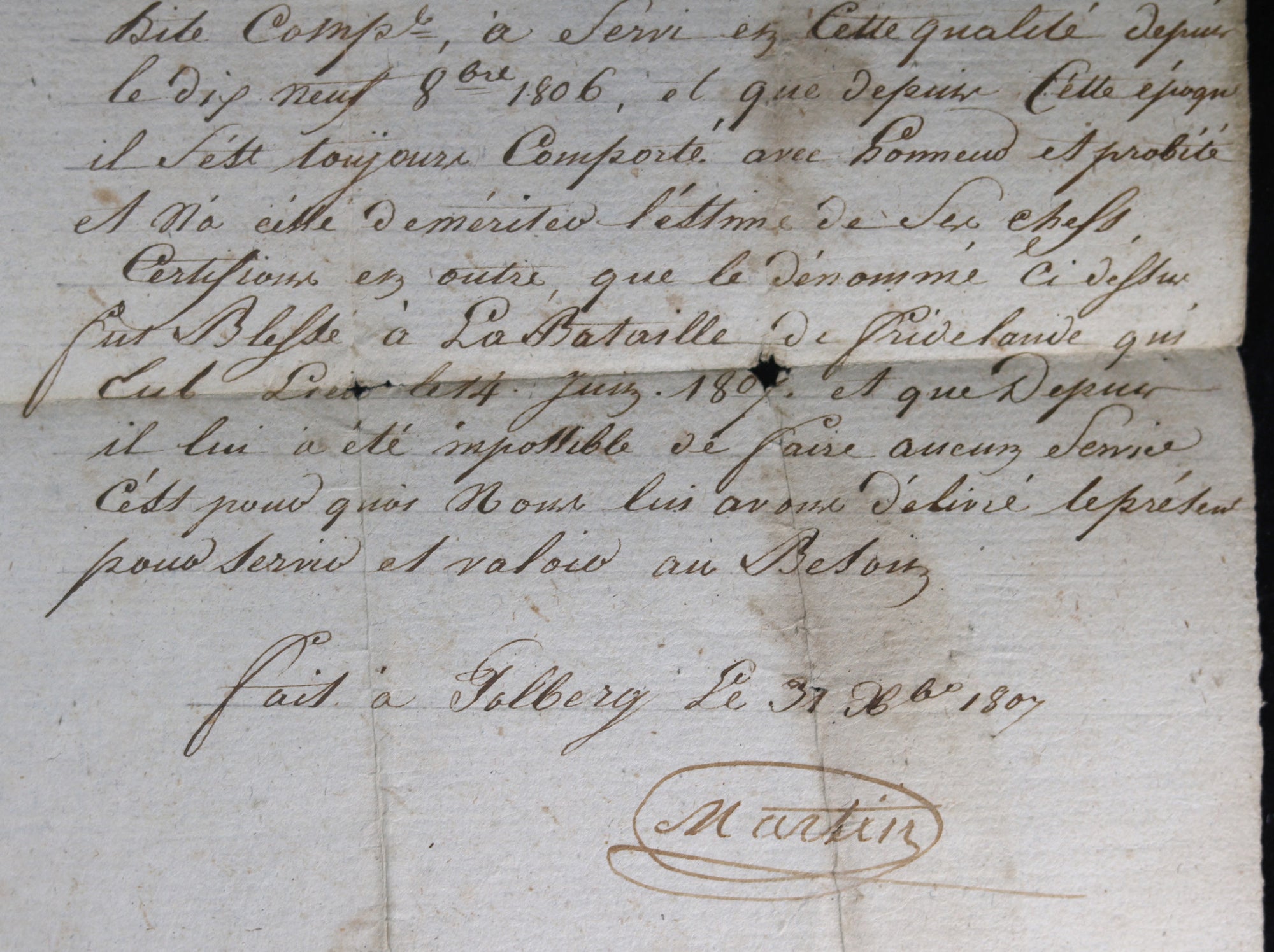 1807 chasseur 25e Regt Inf. blessé à Friedland, certificat de présence