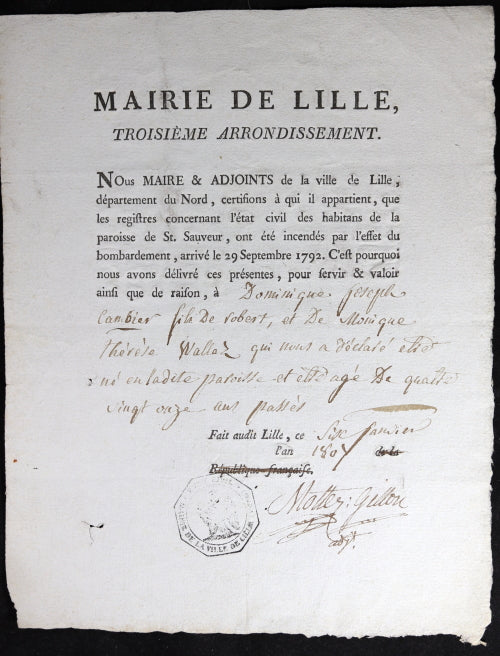 1807 état-civil pour habitant de Lille en 1796