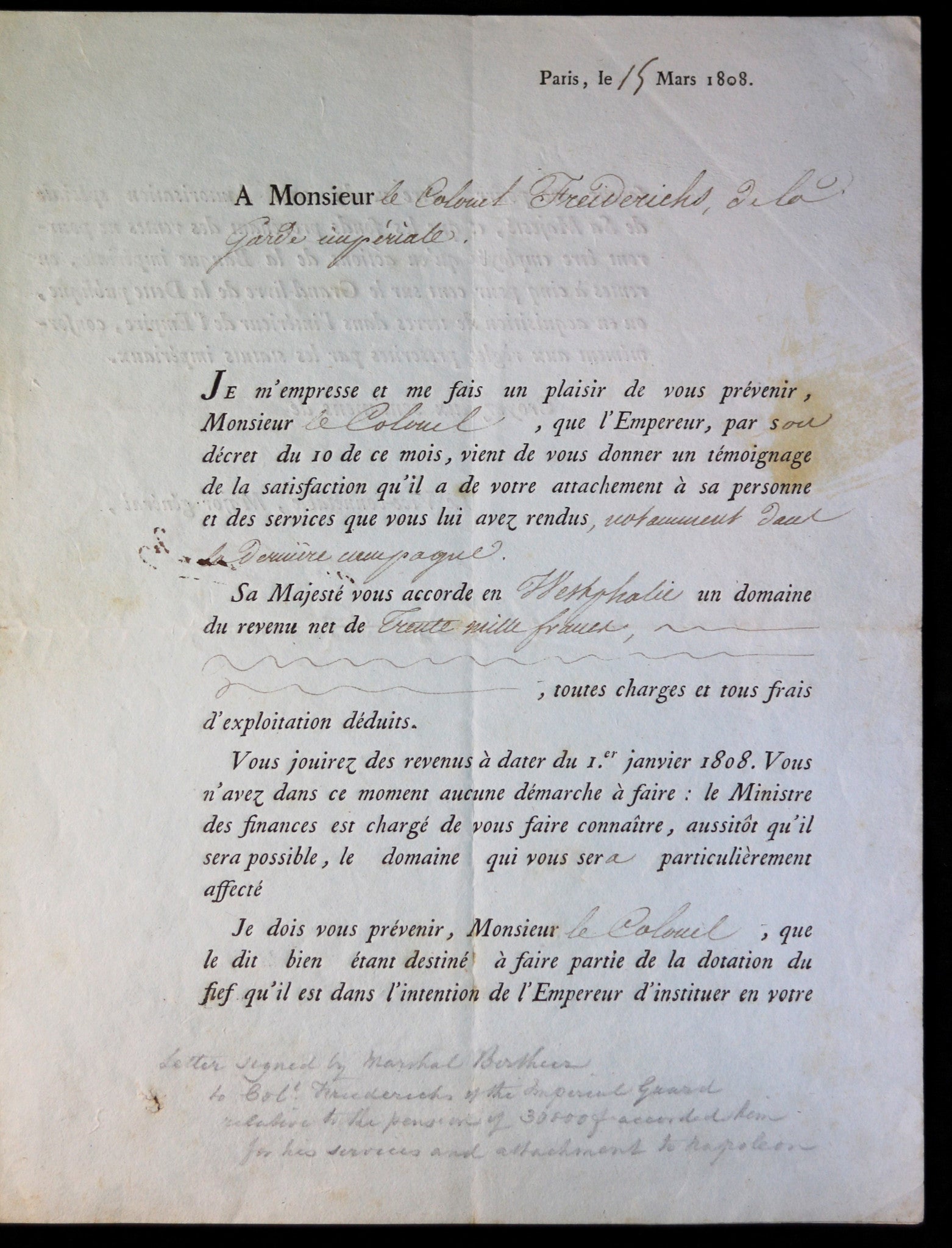 1808 Empire, dotation de Napoléon, signé par Berthier prince de Wagram