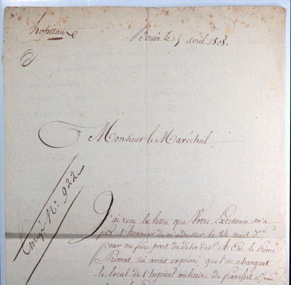 1808 Empire, lettre de Daru à Kellerman (Duc de Valmy) sujet hôpitaux. 