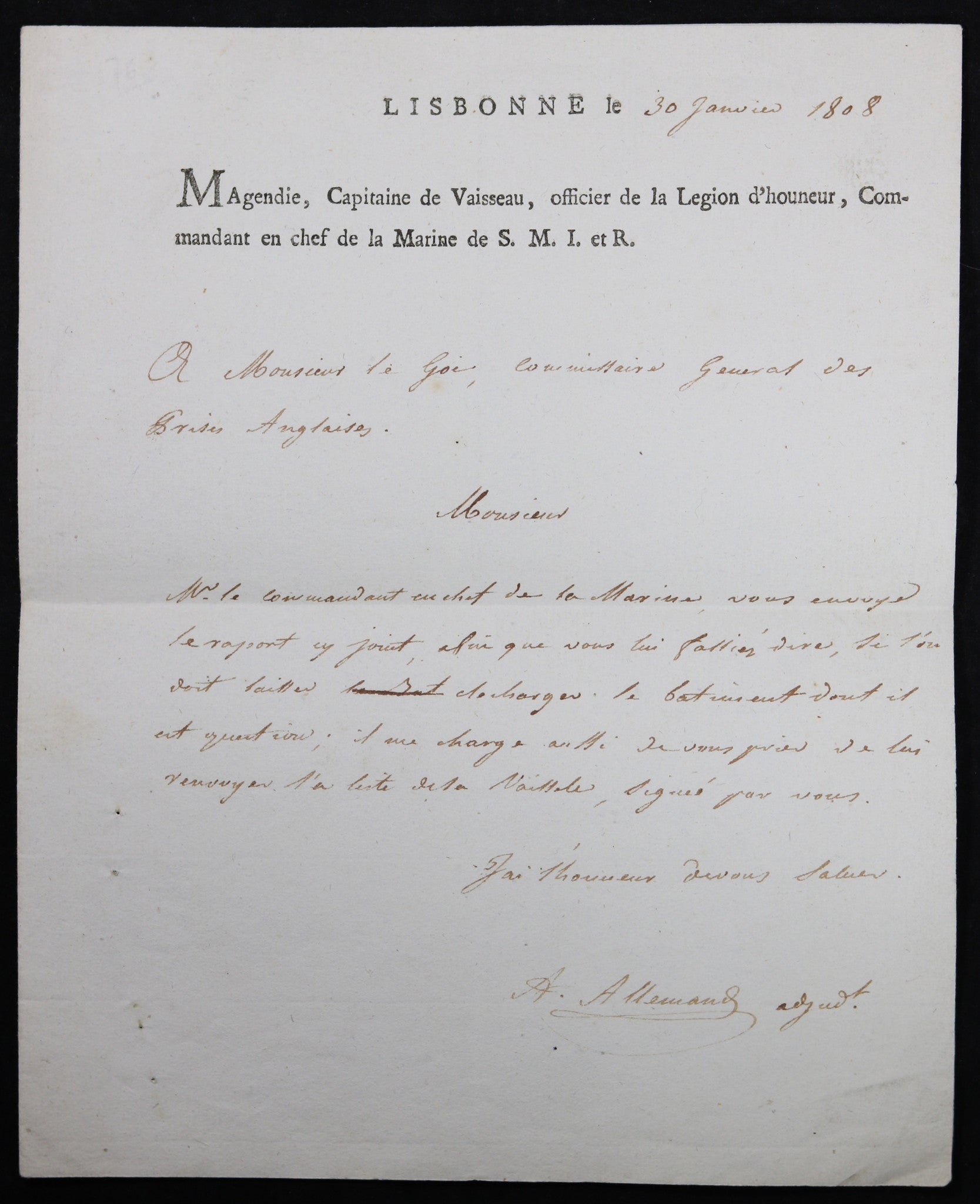 1808 lettre de Lisbone sur prises anglaises, Cpt. Magendie Marine de S.M.I. et R.