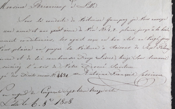 1808 lettre sur frais de fourniture de vin chez un commerçant de Lille
