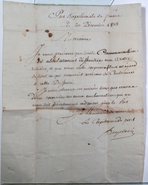 1808 lettre Macquet navire Le Charlotte, Port Napoléon Ile de France