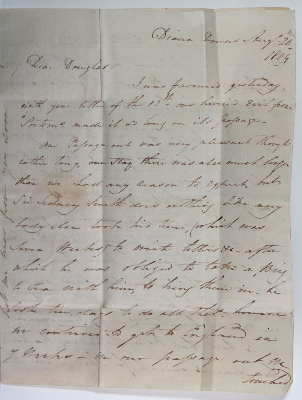 1809 UK letter Navy officer Barclay on ‘Diana’ -Trafalgar, Canada 1813