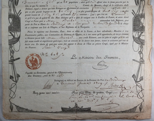 1809 Bordeaux, Congé des Batiment de Commerce Français pour L’Aimable