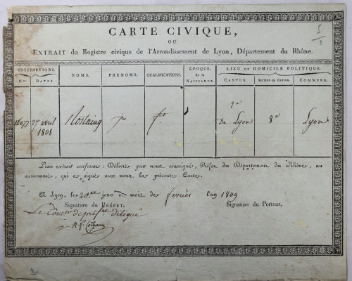 1809 Empire carte civique pour le sieur Rostaing de Lyon