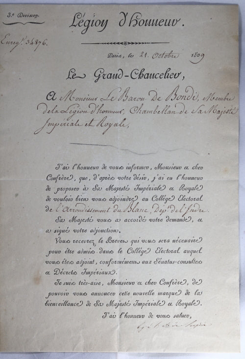 1809 Légion d’Honneur: lettre du Comte de Lacépède au Baron de Bondy