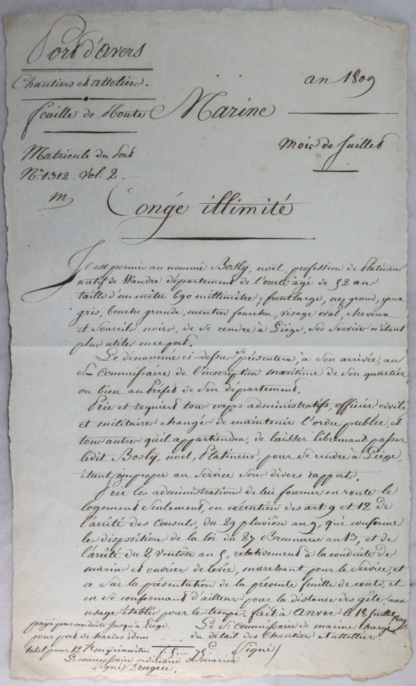 1809 Port d’Anvers, congé illimité pour platineur de la Marine