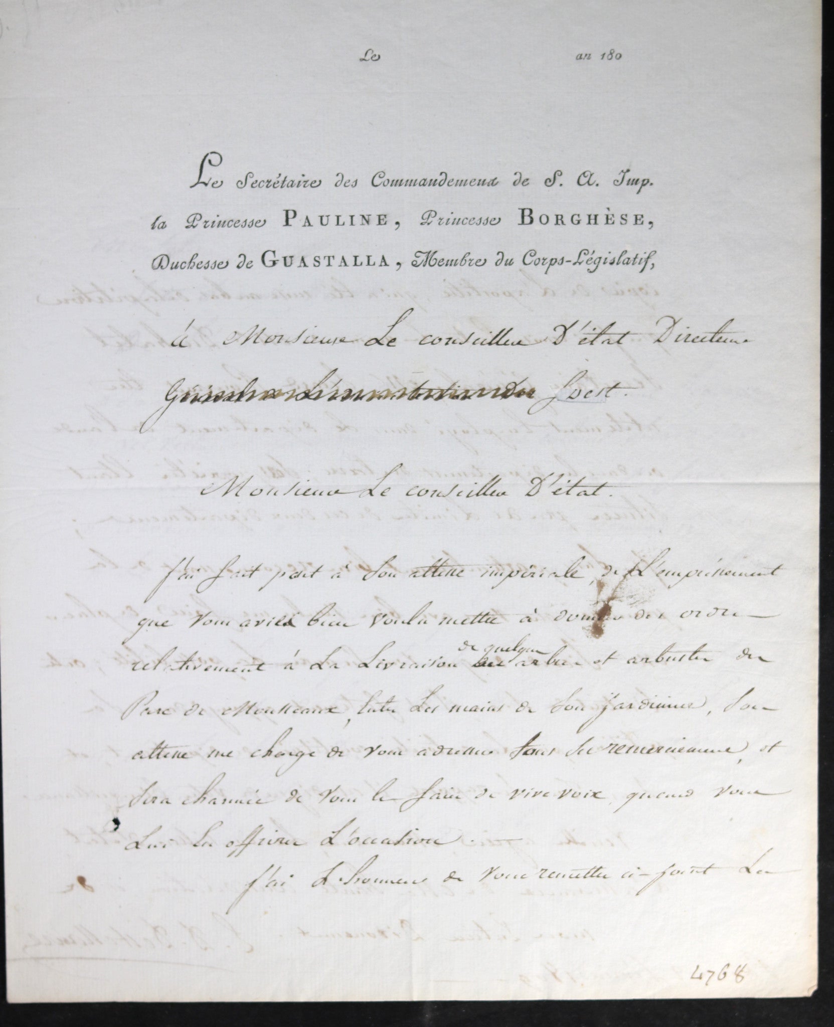 1809 lettre du secrétaire de la Princesse Pauline, soeur de Napoléon