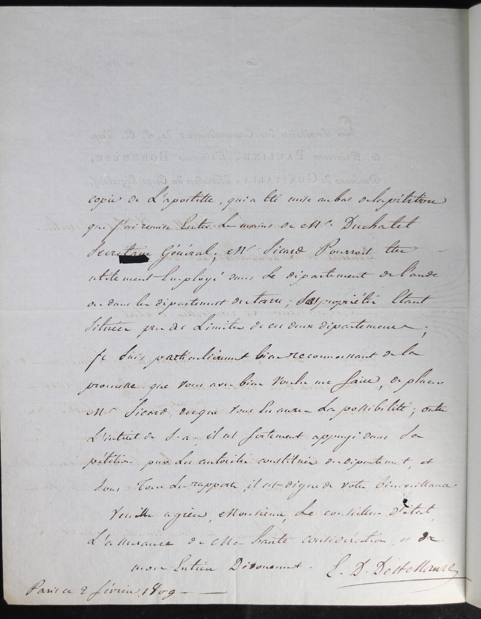 1809 lettre du secrétaire de la Princesse Pauline, soeur de Napoléon