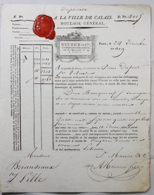 1809 livraison de deux barriques de café de St Domingue, Calais à Lille