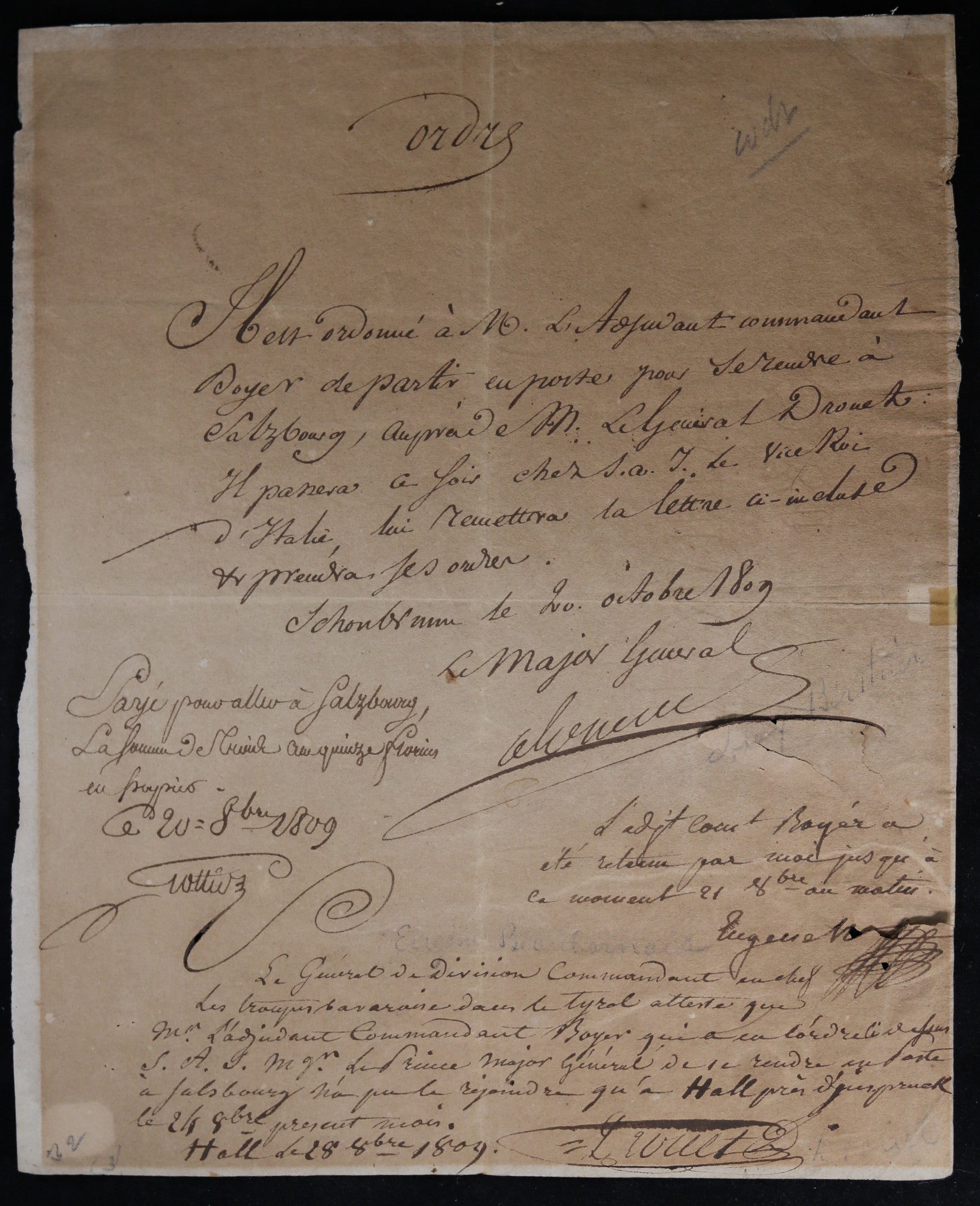 1809 ordre signé par Berthier, Eugene Beauharnais, Drouet