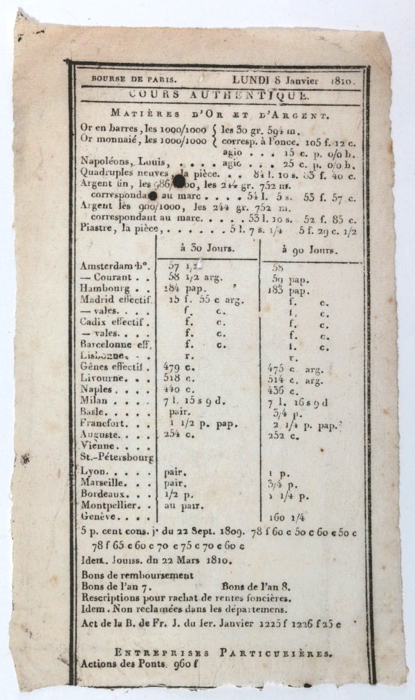1810 Bourse de Paris ‘Cours Authentique’ prix Matières d’Or d’Argent