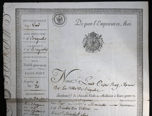 1811 Empire, passe-port pour un cordonnier de Brignoles (Var)
